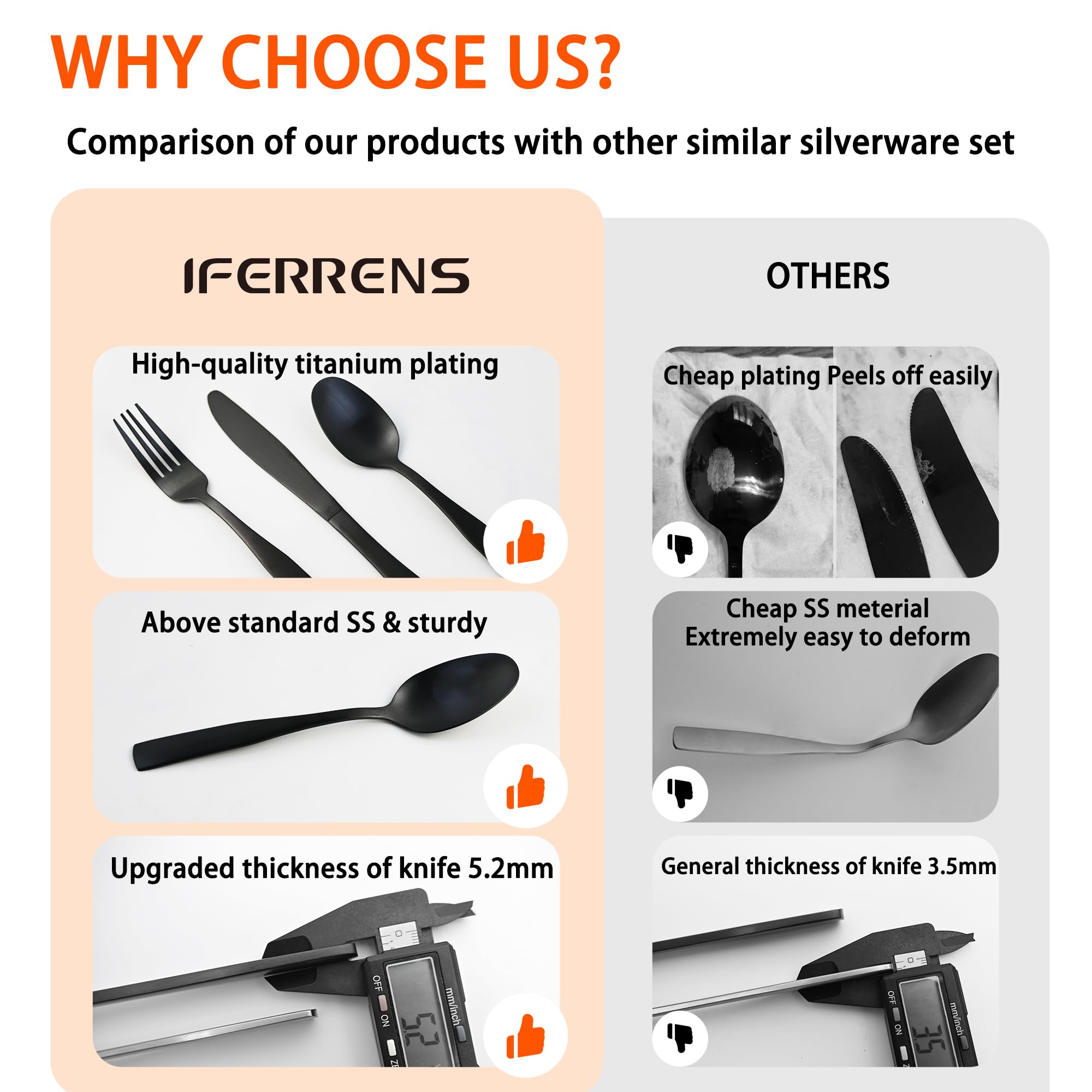 IFERRENS matte black dinner knives with sturdy cutting performance