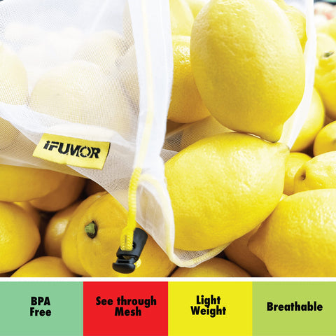 iFUMOR mesh produce bags provide breathable storage for fresh fruits and veggies.