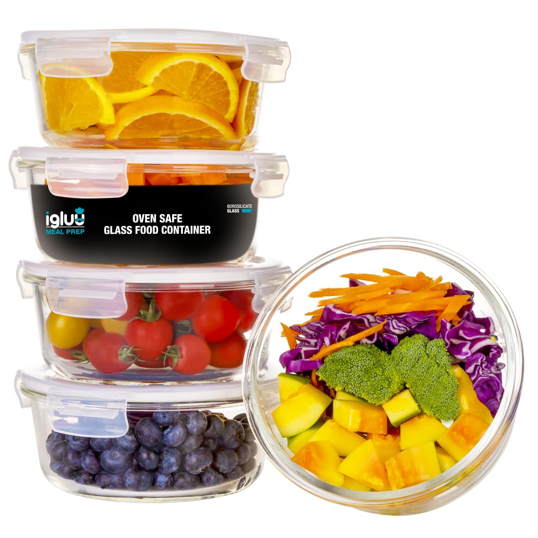 Igluu Meal Prep round glass container with air vent lids preserves freshness.