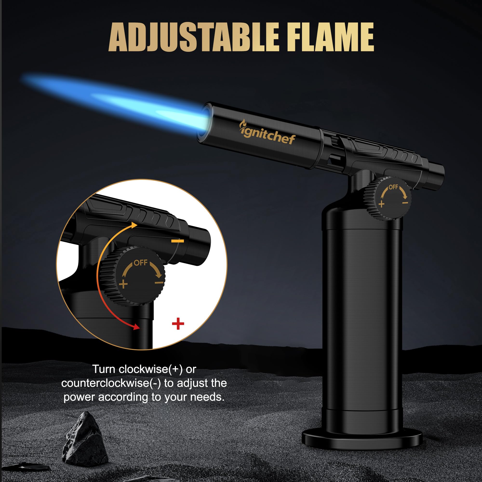 IgnitChef torch features an extended curved nozzle for safer distance from the flame.