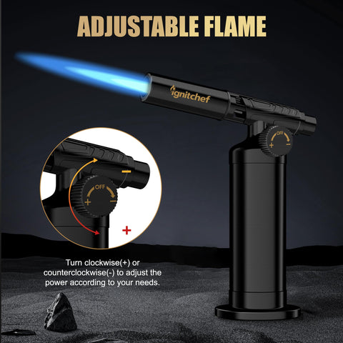 IgnitChef torch features an extended curved nozzle for safer distance from the flame.