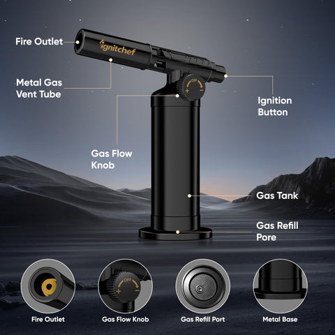 IgnitChef torch with piezo ignition for quick, reliable startup.