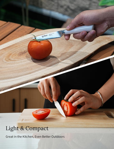 IGNITED CUTLERY ergonomic handle provides a secure, comfortable grip during cuts.