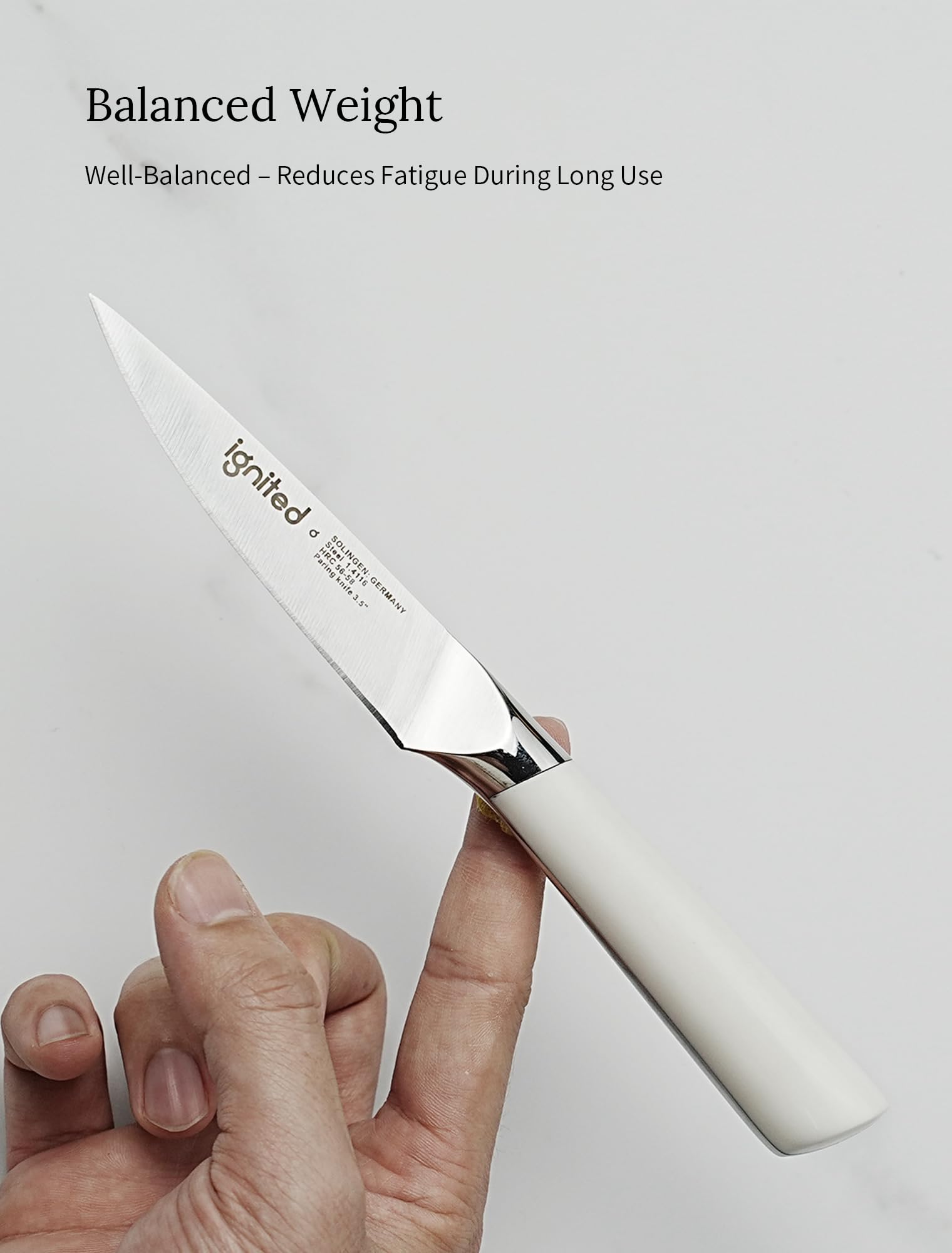 IGNITED CUTLERY German stainless steel blade offering long-lasting sharpness for daily prep.