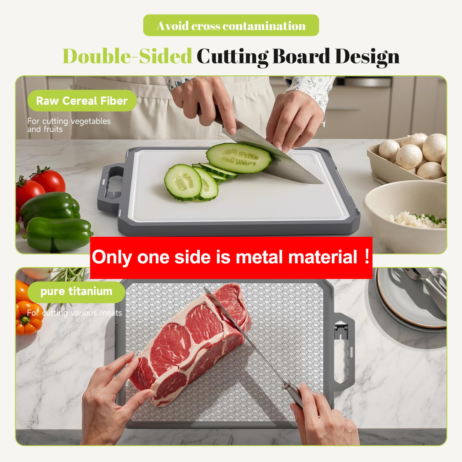 IGOYE cutting board titanium side for meat prep with scratch-resistant surface.
