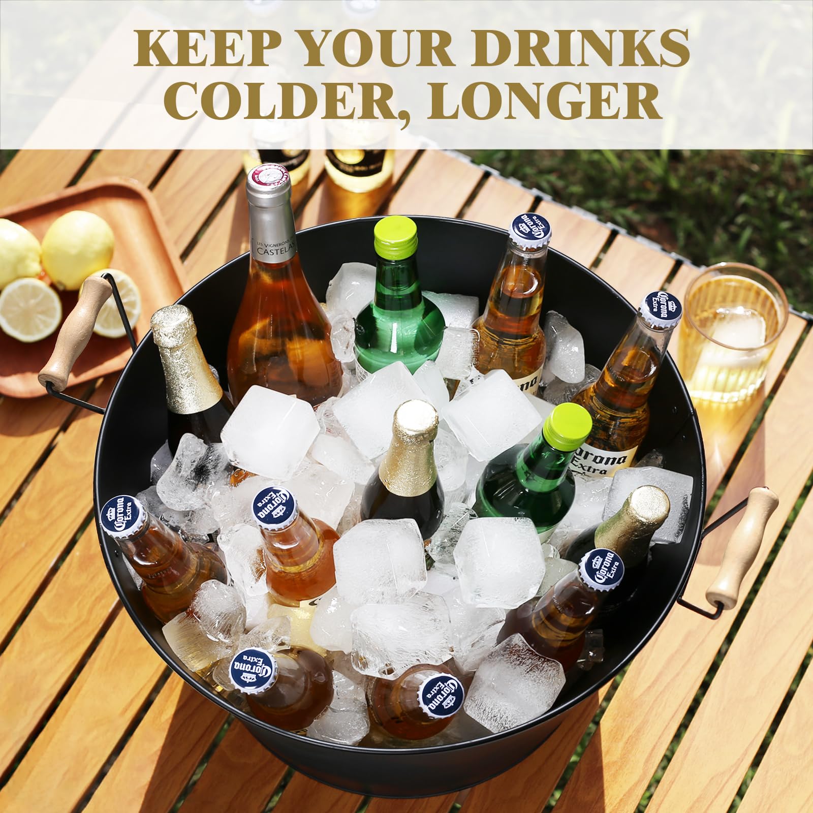 iHoo black galvanized tub from side view keeps beverages organized at backyard events.