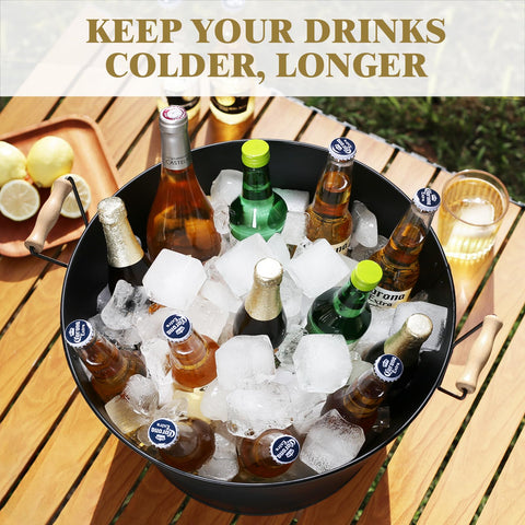 iHoo black galvanized tub from side view keeps beverages organized at backyard events.