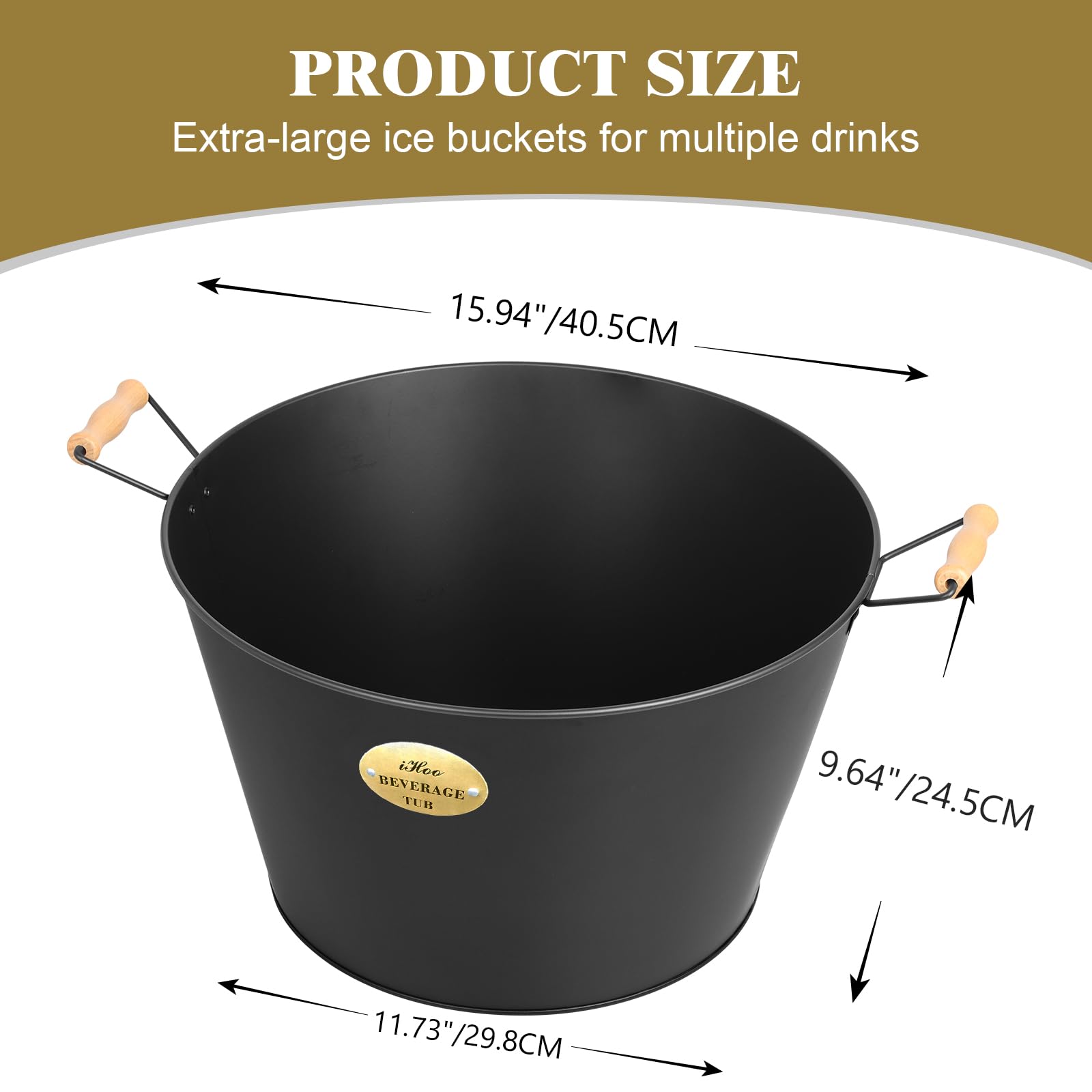 iHoo beverage tub with wooden handles, close-up grip shows comfortable, non-slip handling.