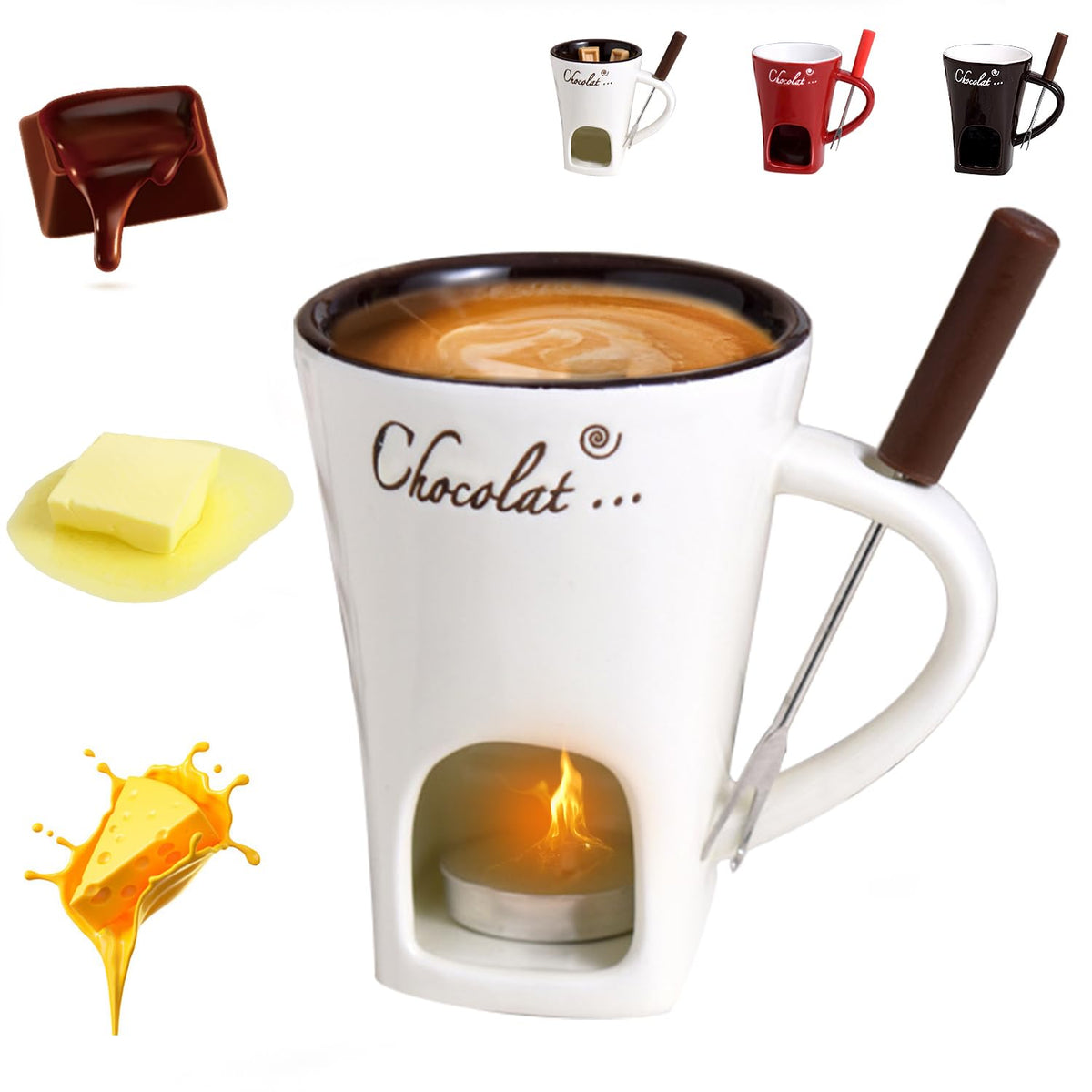 Iiglitch chocolate fondue mug with fork ready for dipping treats.