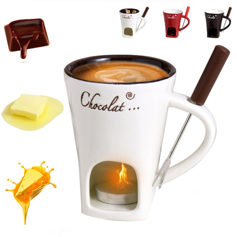 Iiglitch chocolate fondue mug with fork ready for dipping treats.