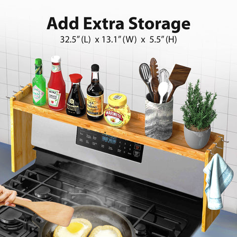 IIIOIIIA bamboo stove-top rack, side-angle view, maximizes kitchen storage near the cooktop.