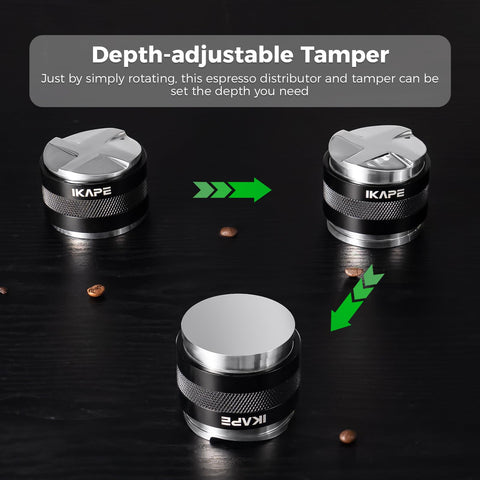 IKAPE 53mm distributor top view emphasizes dual-head design for fast prep
