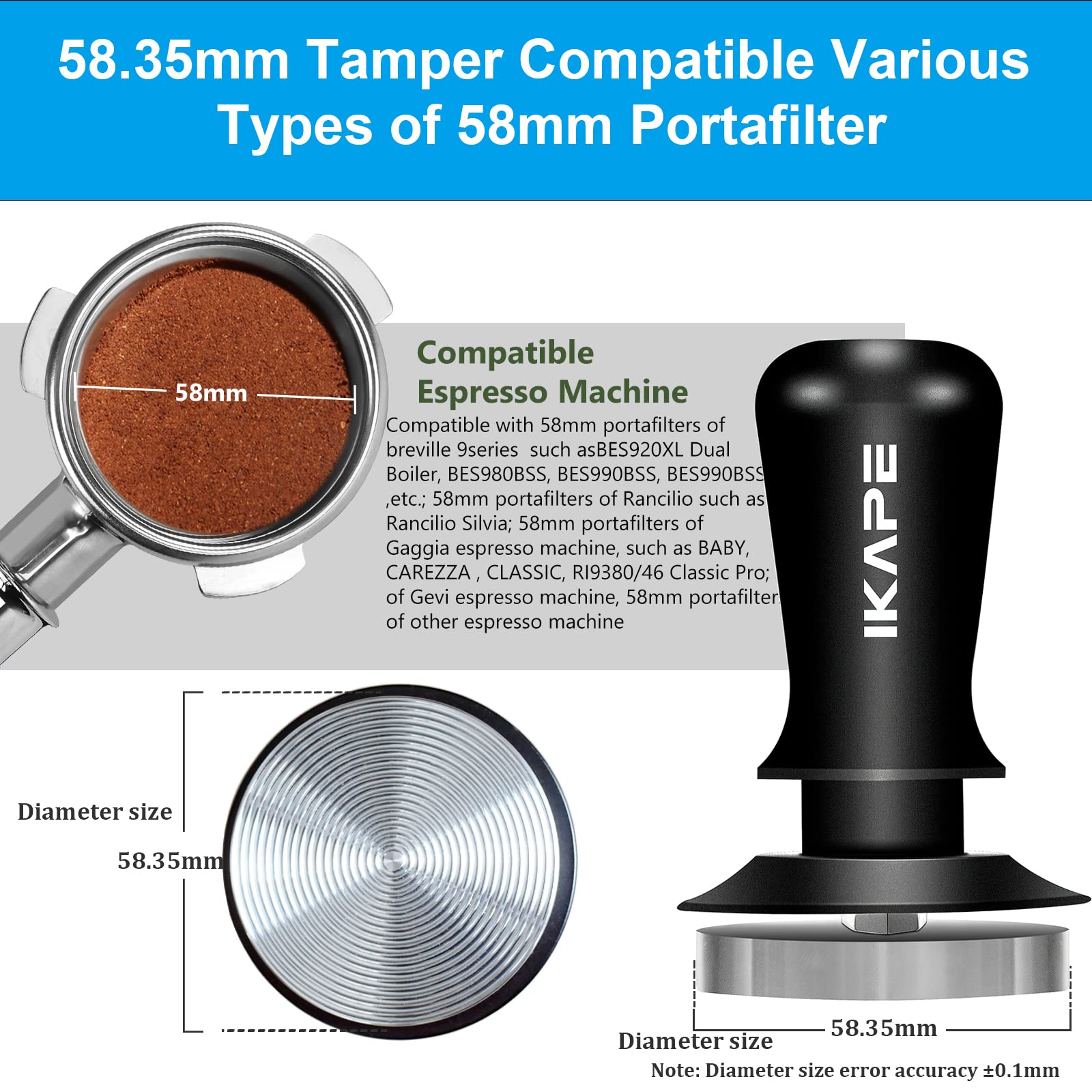 IKAPE calibrated spring-loaded tamper handle ensures consistent pressure during tamping.