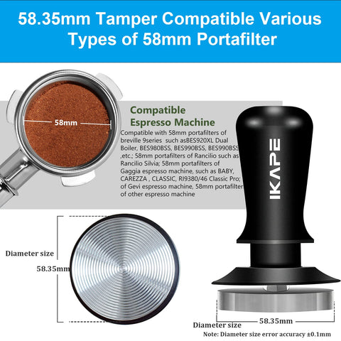 IKAPE calibrated spring-loaded tamper handle ensures consistent pressure during tamping.