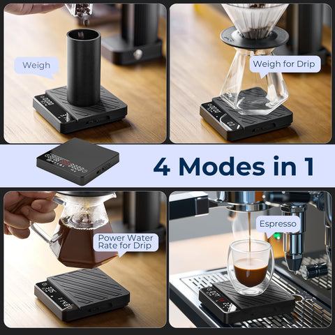 IKAPE scale displaying pour-over weighing with auto-tare for water