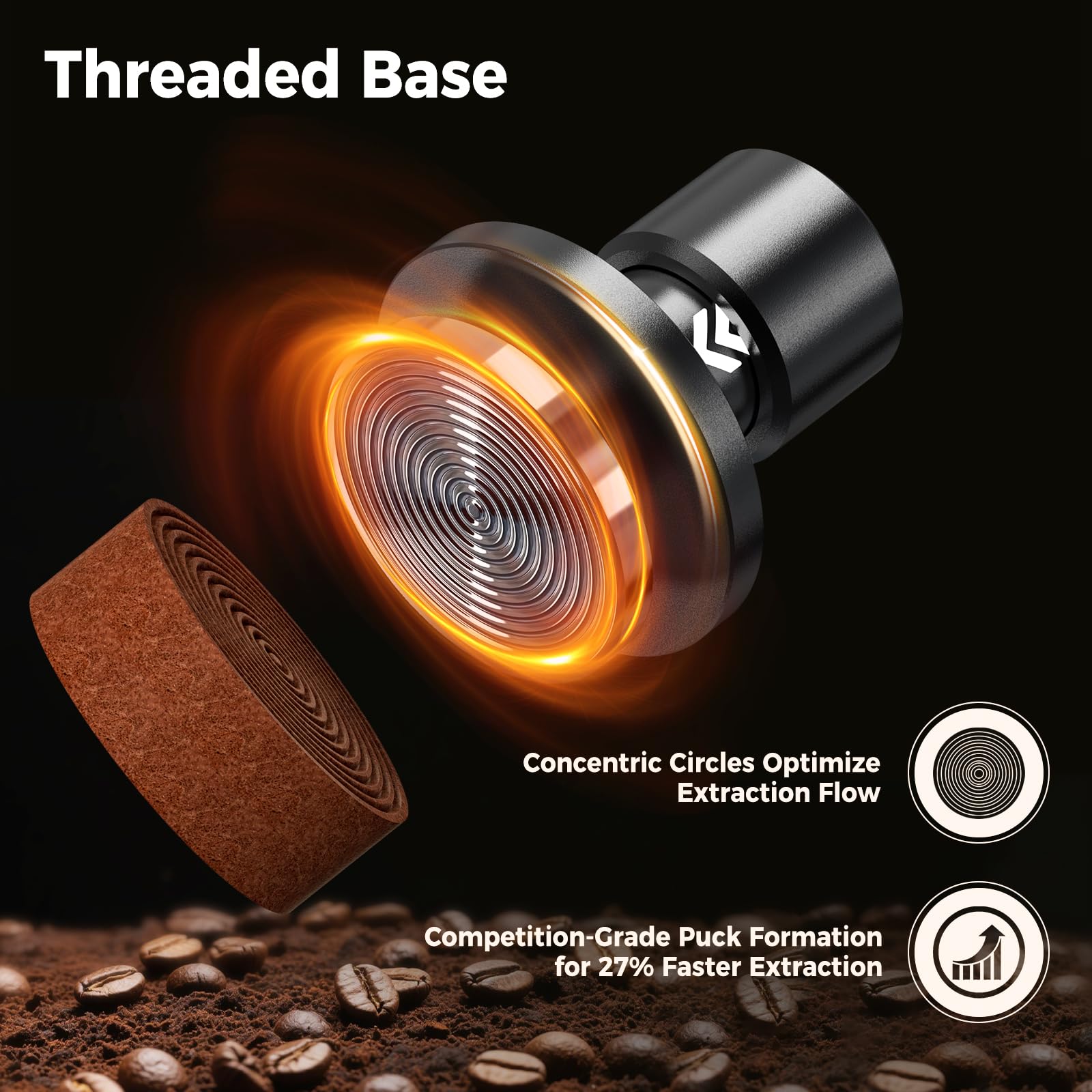 IKAPE self-leveling 90° tamp ensures even extraction and balanced water flow