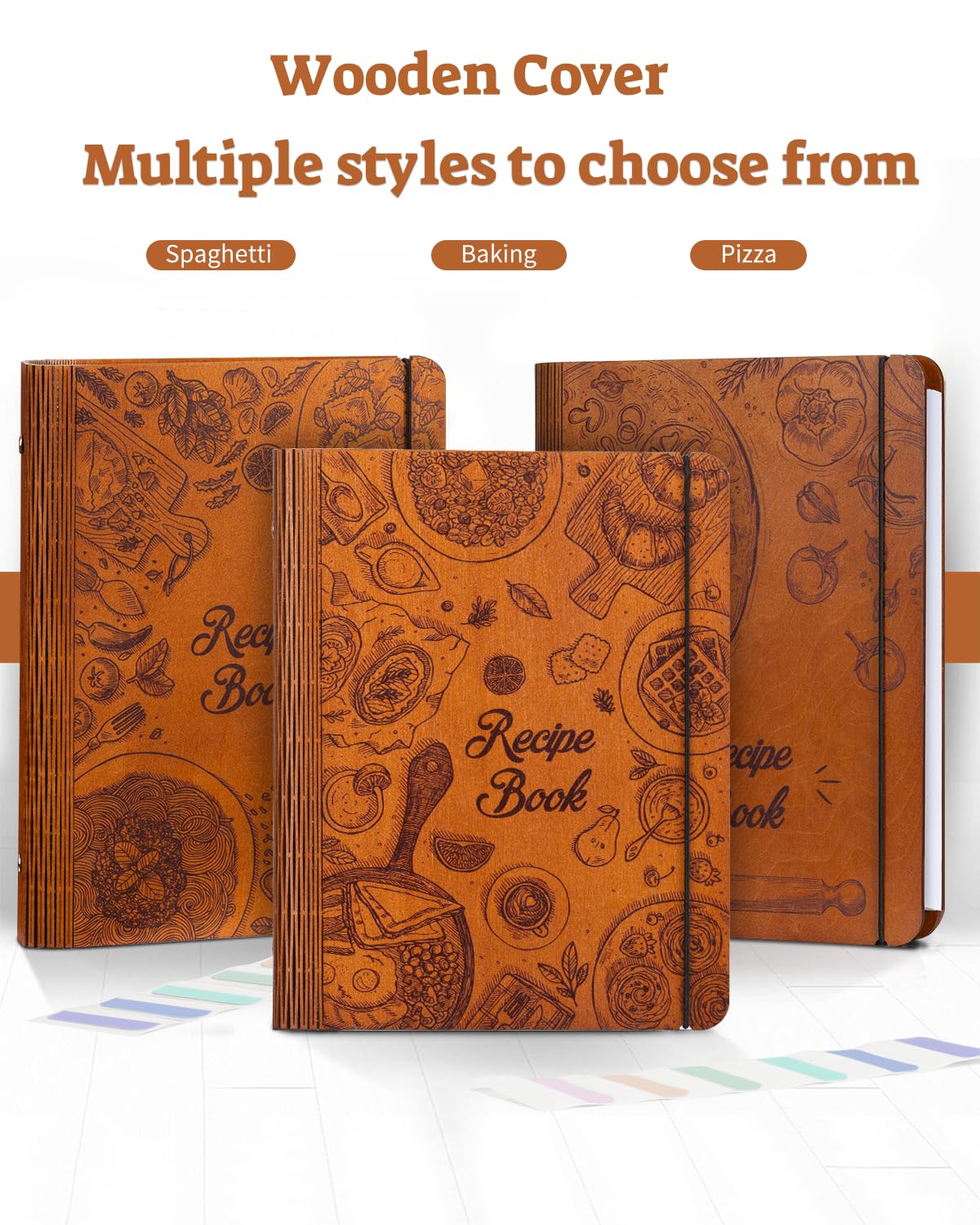 Ikedas Woodcover blank recipe book closeup cover highlights natural wood texture for elegant decor