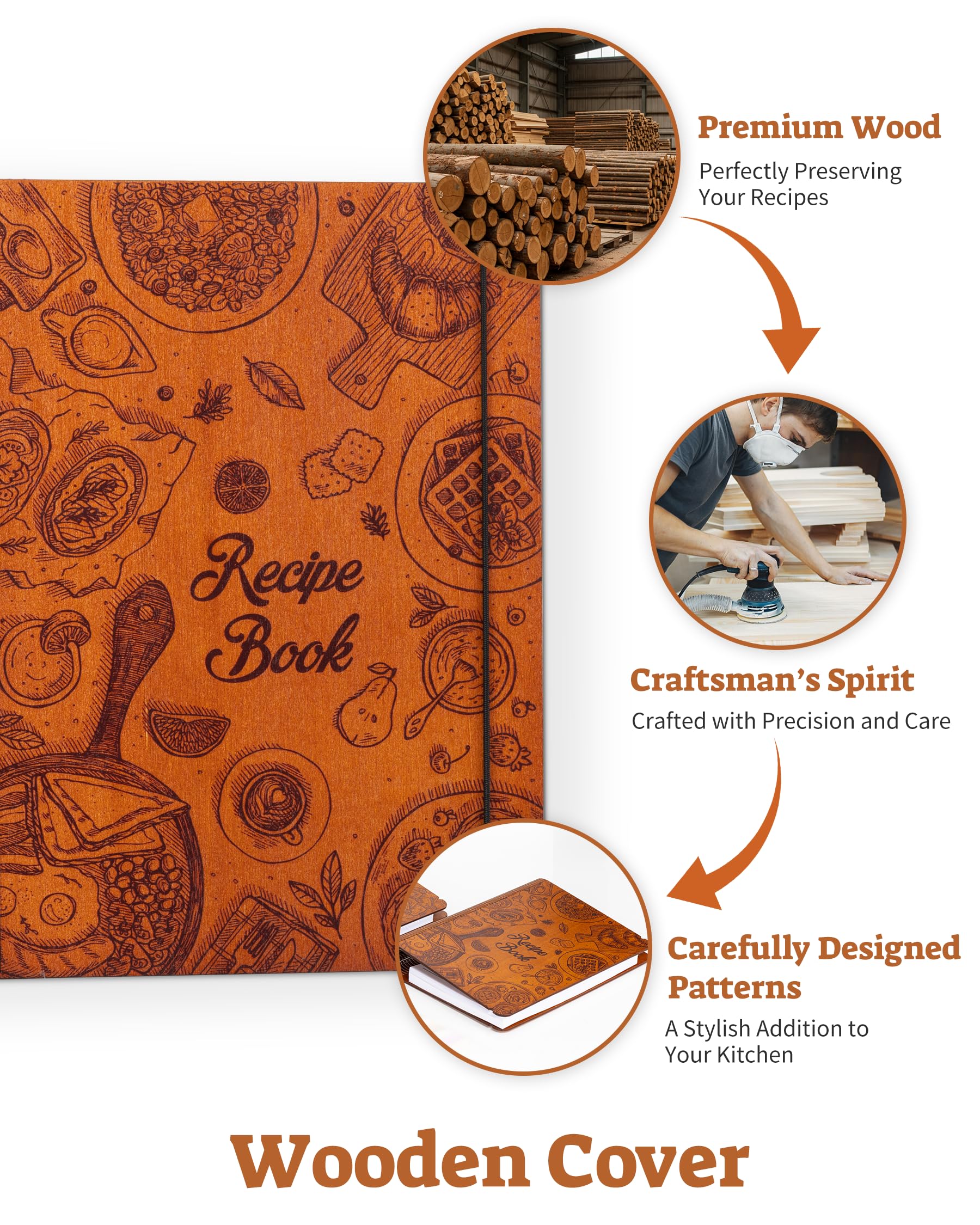 Ikedas Woodcover blank recipe book inside pages provide ample space for handwritten notes