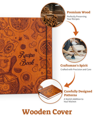 Ikedas Woodcover blank recipe book inside pages provide ample space for handwritten notes