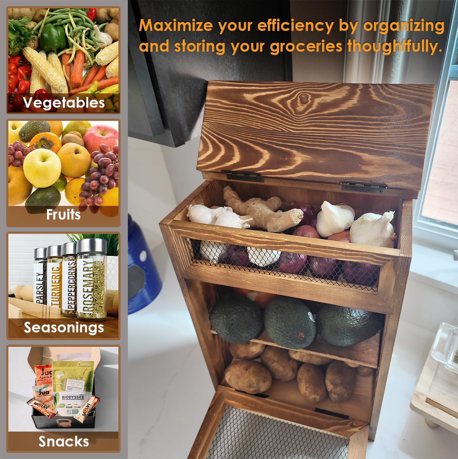 Ikee Design airflow backboard holes promote ventilation for produce.