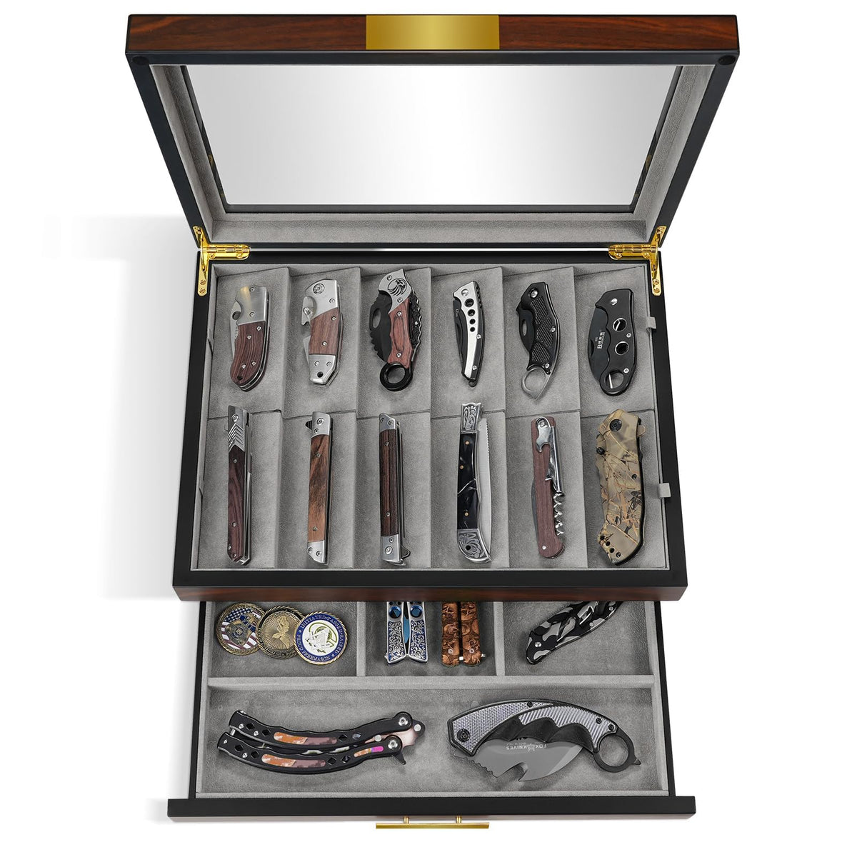 Ikkle Walnut two-tier storage case displays your knife collection safely and stylishly.