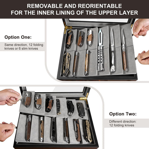 Ikkle Walnut upper layer adjustable, fits up to 12 folding knives and 6 slim knives.