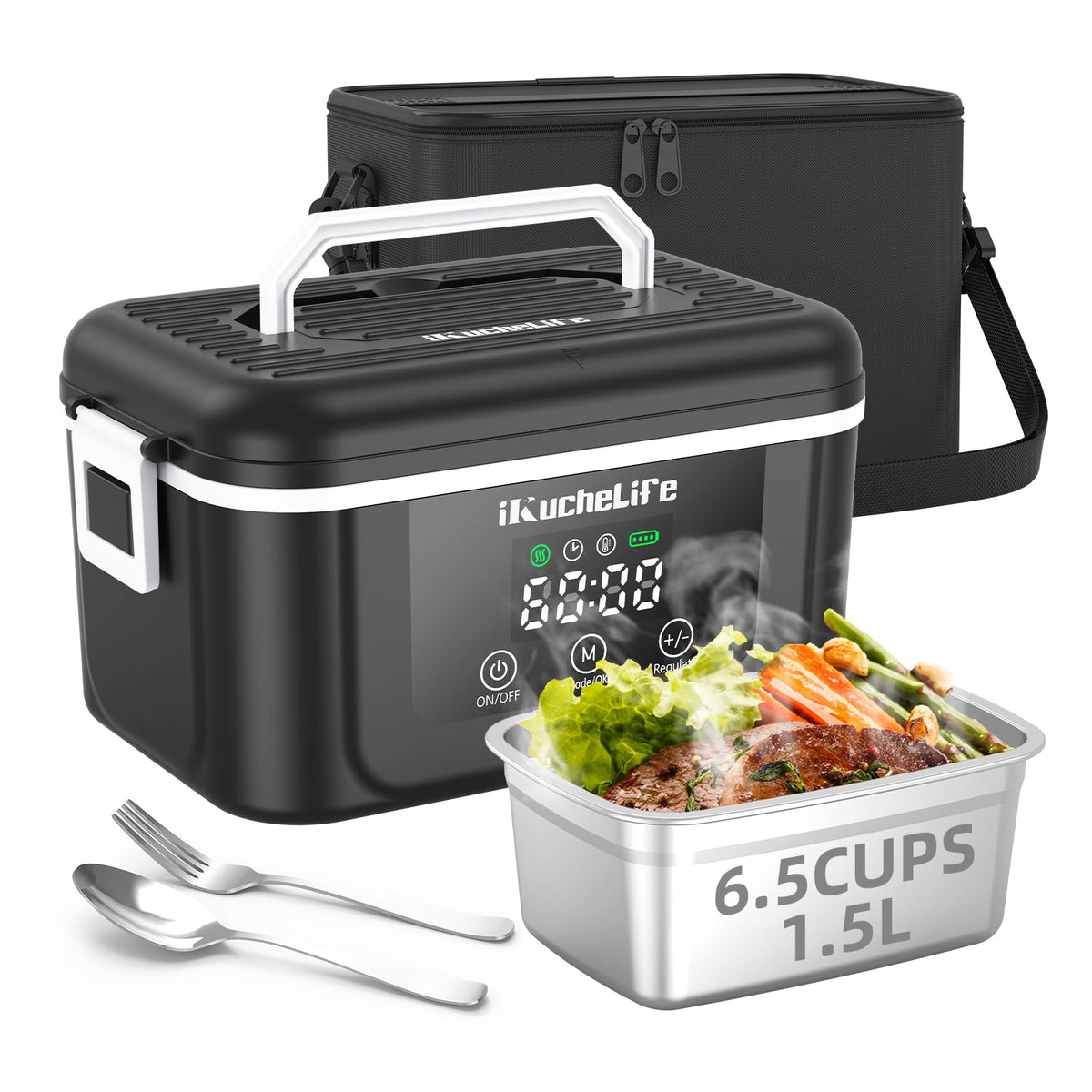 ikuchelife heated lunch box with digital display shows heat status for easy timing