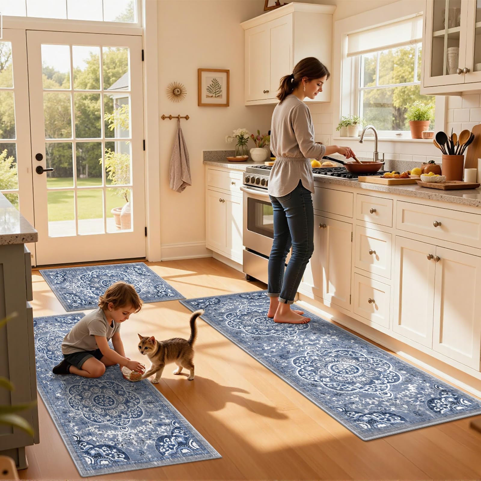 Ileading Boho Blue Kitchen Rug Floral shows versatile color for any space.