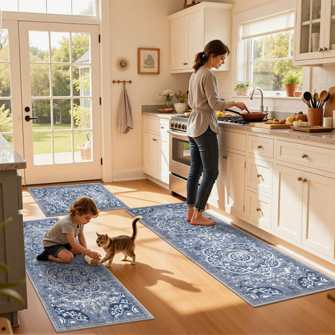 Ileading Boho Blue Kitchen Rug Floral shows versatile color for any space.