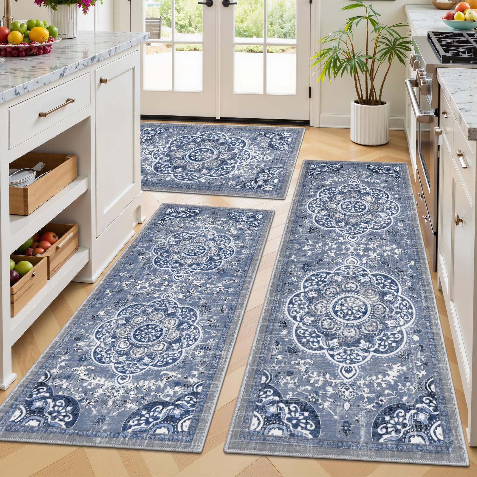 Ileading Boho Kitchen Rug 20x32 Floral enhances cozy kitchen ambiance.