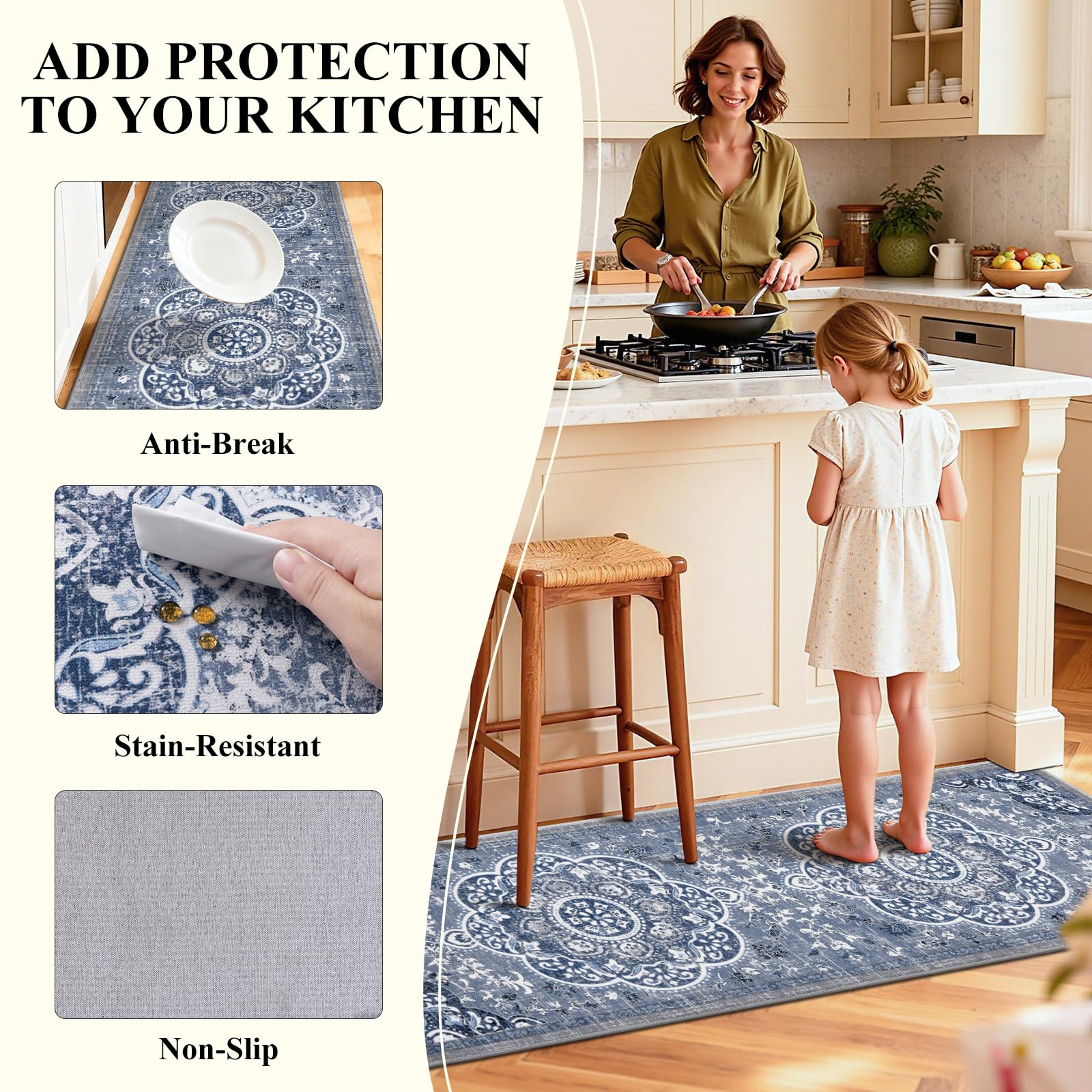 Ileading Boho Kitchen Rug 20x59 Floral provides full coverage for larger spaces.