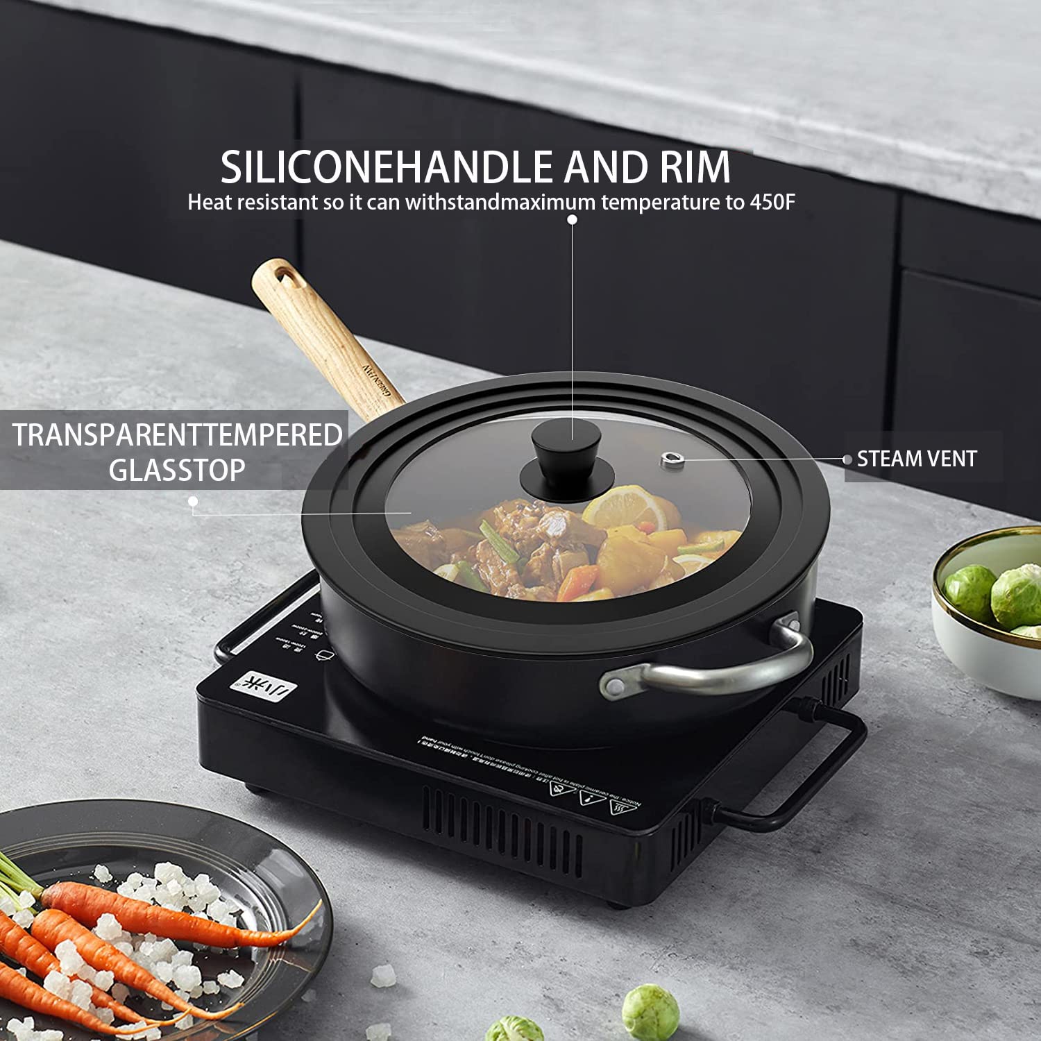 ILOVYO universal lid 9 inch in skillet with vent hole and sturdy handle.