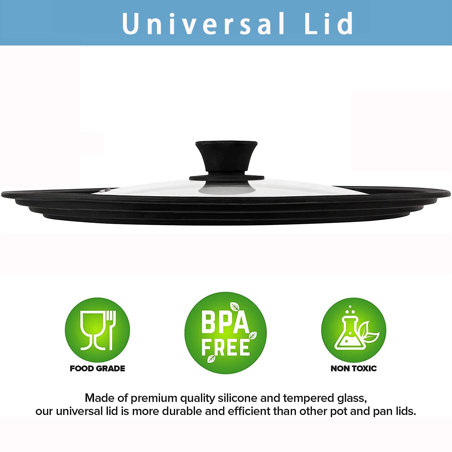 ILOVYO universal lid shown with dishwasher-safe convenience for easy cleanup.