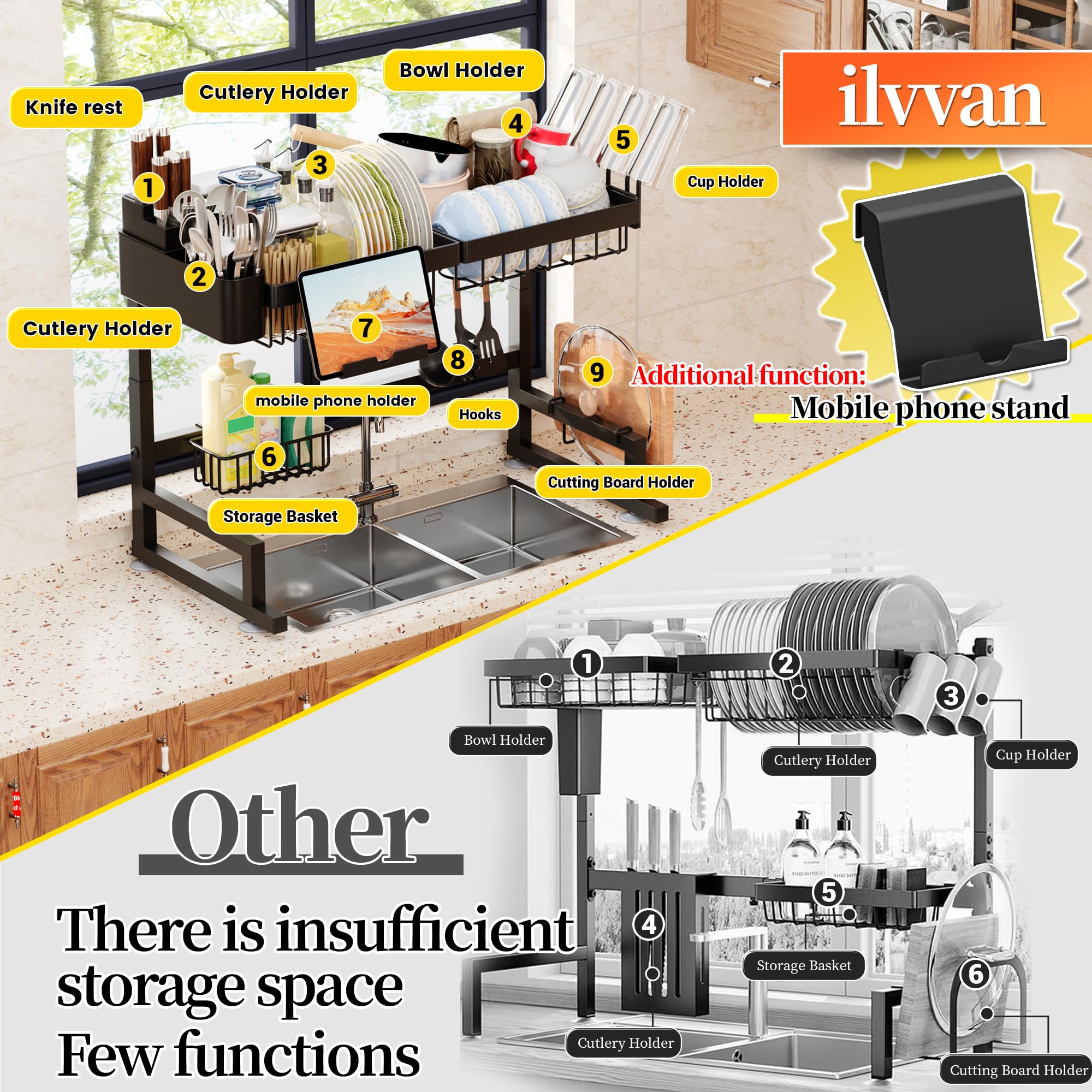 Ilvvan counter organizer frees cabinet space for prep essentials.