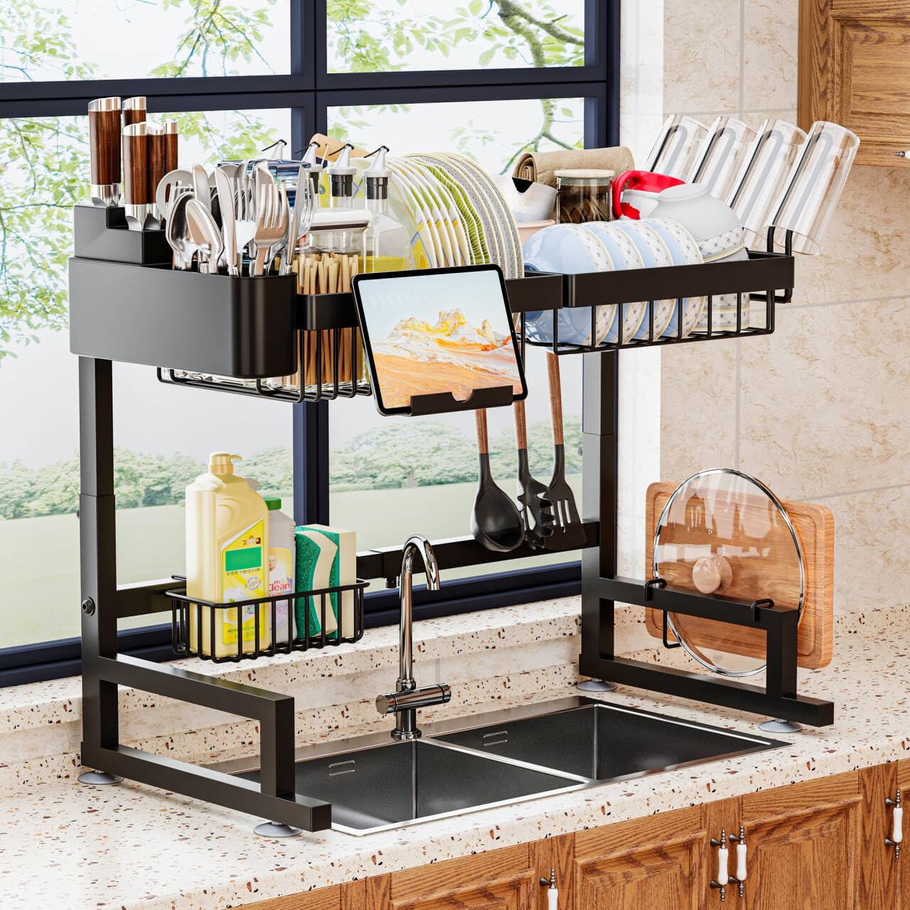 Ilvvan over-sink drying rack extends length for larger sinks and efficient drying.