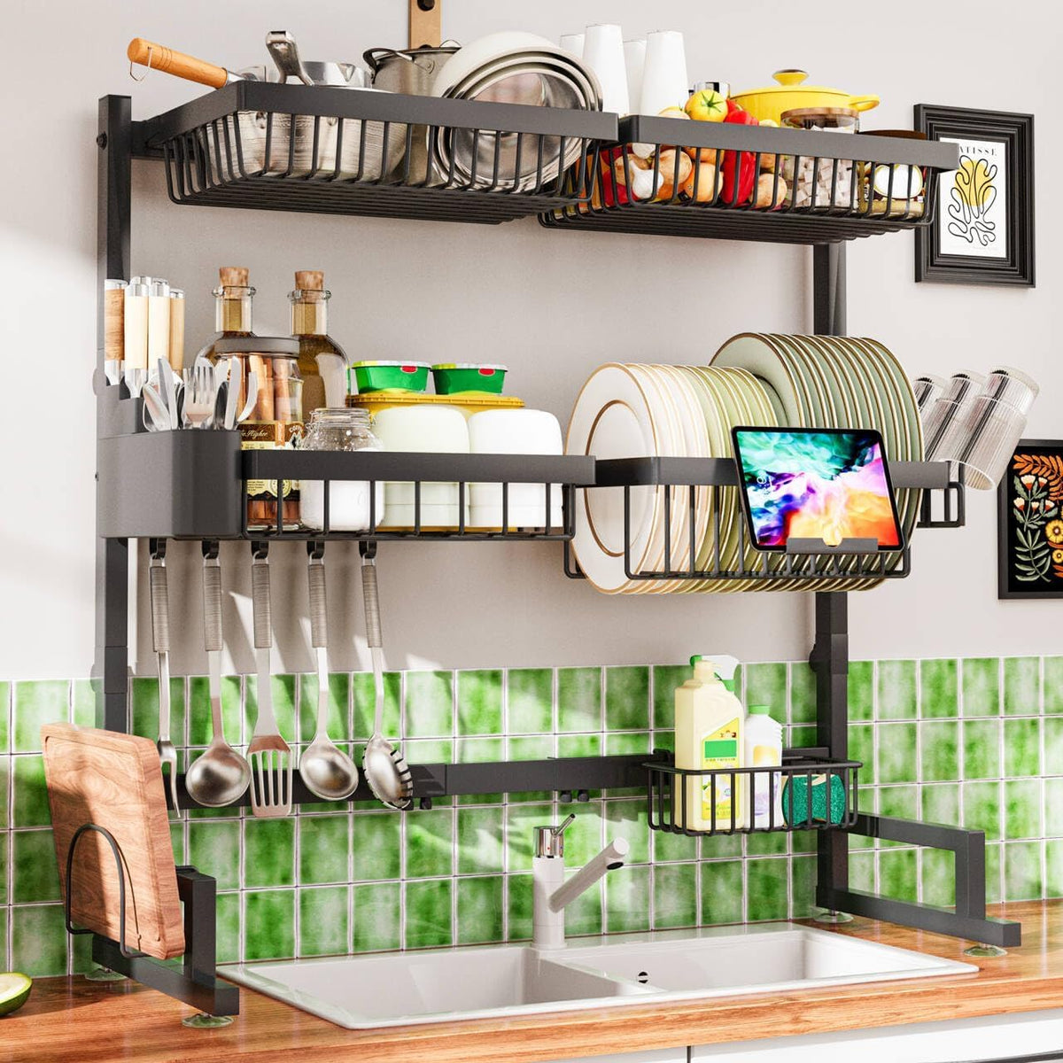 ilvvan over-sink drying rack with extendable length keeps countertops clear