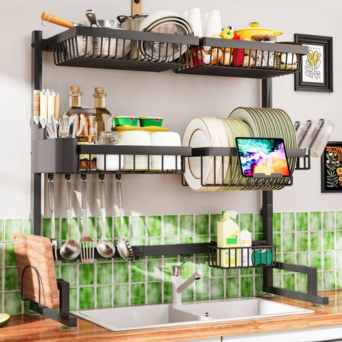 ilvvan over-sink drying rack with extendable length keeps countertops clear