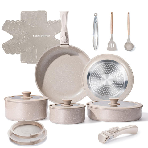 Chef Power Juego de Ollas y Sartenes Cerámicas 19 Piezas con Mango Desmontable – Apto Inducción, Lavavajillas y Horno