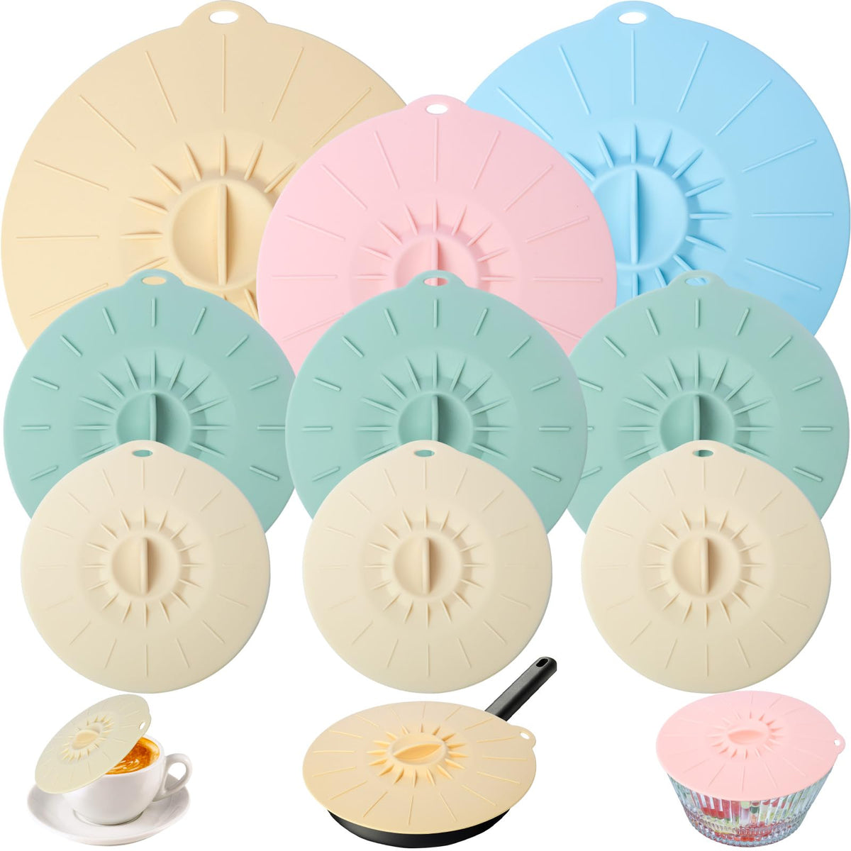 9 Pack Silicone Lids, Microwave Splatter Covers - Reusable, Heat Resistant Lids (5 Sizes) for Bowls, Cups, Plates, Pots, Pans & Skillets - Stovetop, Oven, Fridge & Dishwasher Safe