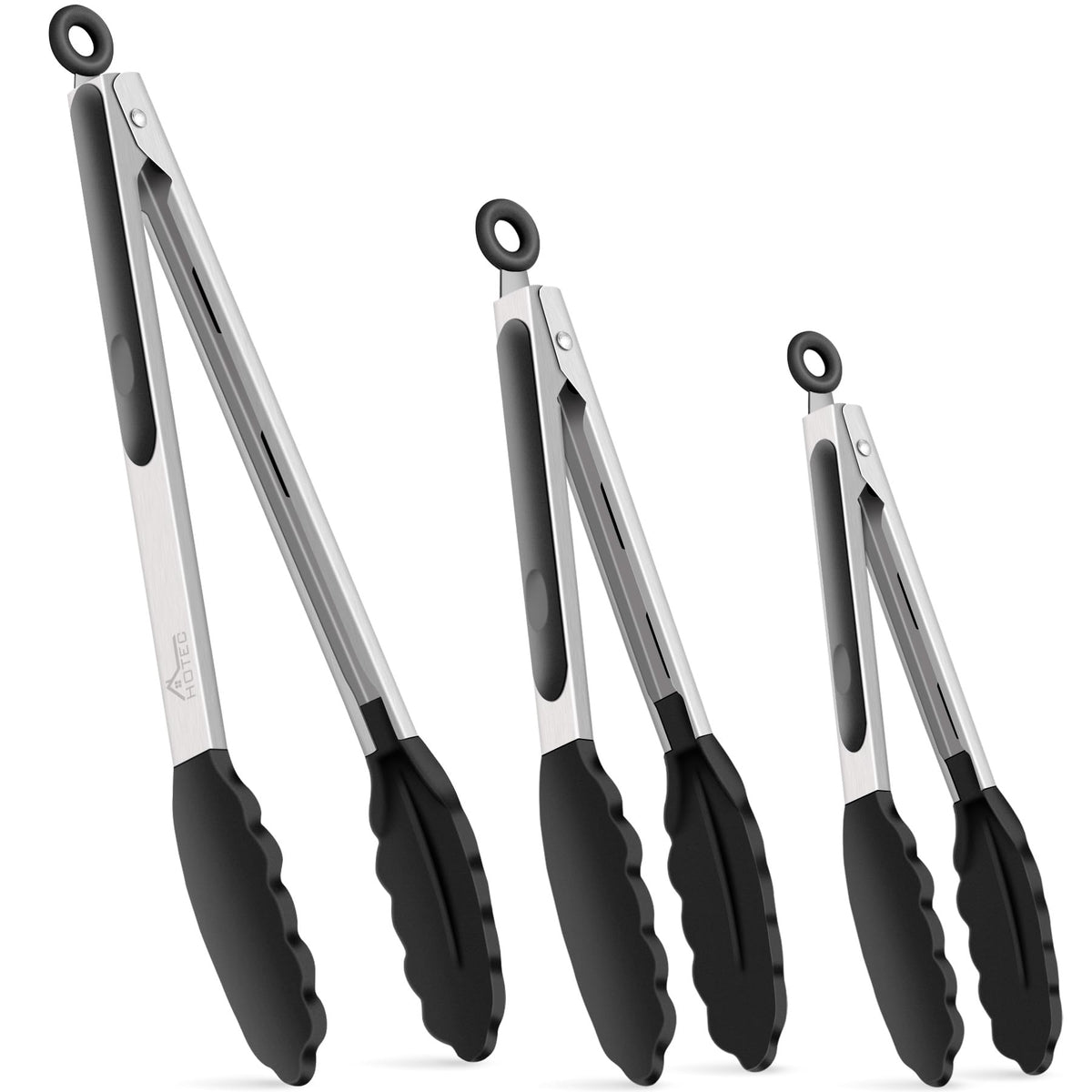 HOTEC Pinzas de Cocina de Acero Inoxidable con Puntas de Silicona – Set de 3 Piezas (7pulgadas, 9pulgadas y 12pulgadas) Negro