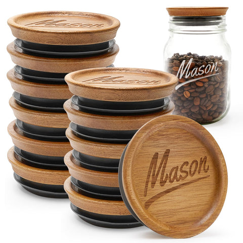 Hilislog 12 Pack Wooden Mason Jar Lids for Regular Mouth Jars – Acacia Wood with Silicone Seal