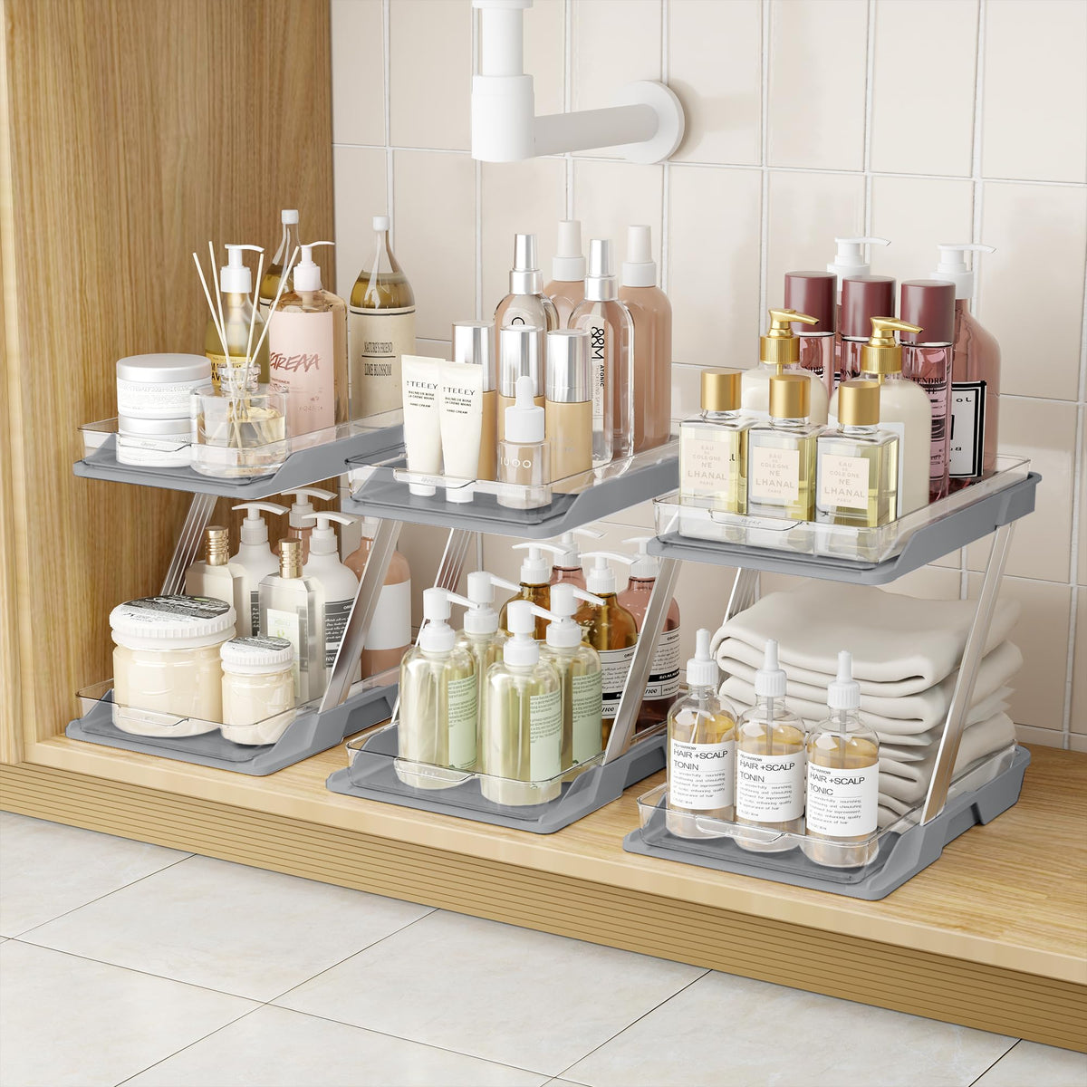 AUGBEAN Set de 3 Organizadores de Baño Multipropósito – 2 Niveles Deslizantes, Aluminio y ABS, Gris