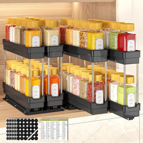 2 Pack Pull Out Spice Rack Organizer for Cabinet, Slide Out Seasoning Kitchen Organizer, Heavy Duty Spice Cabinet Organizers with Labels for Kitchen Pantry, 5.3" W x10.7 D x10 H, 4 Drawers, 2-Tier
