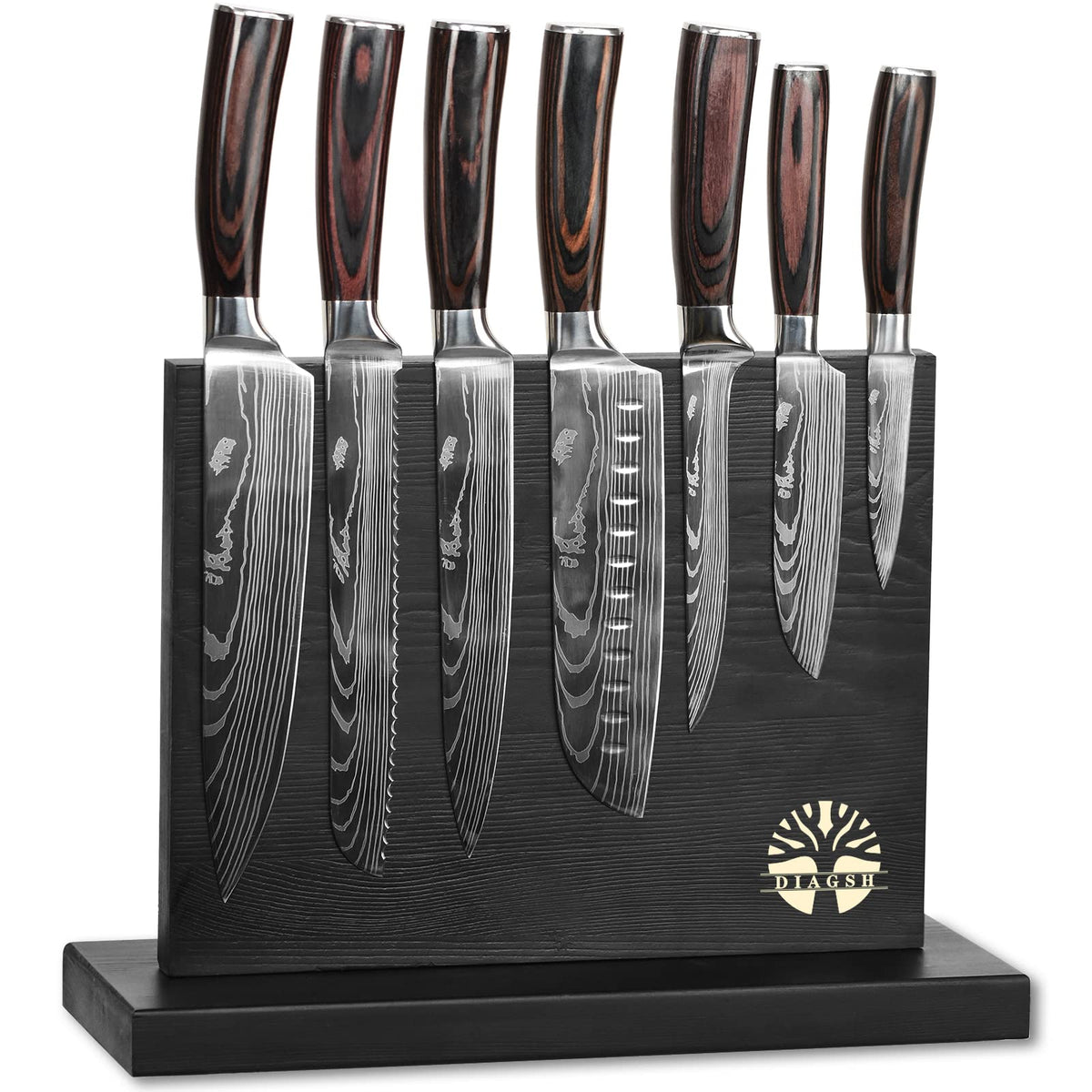 Diagsh Juego de Cuchillos de Cocina 7 Piezas con Bloque Magnético – Acero Inoxidable de Alto Carbono Alemán, Forjado a Mano