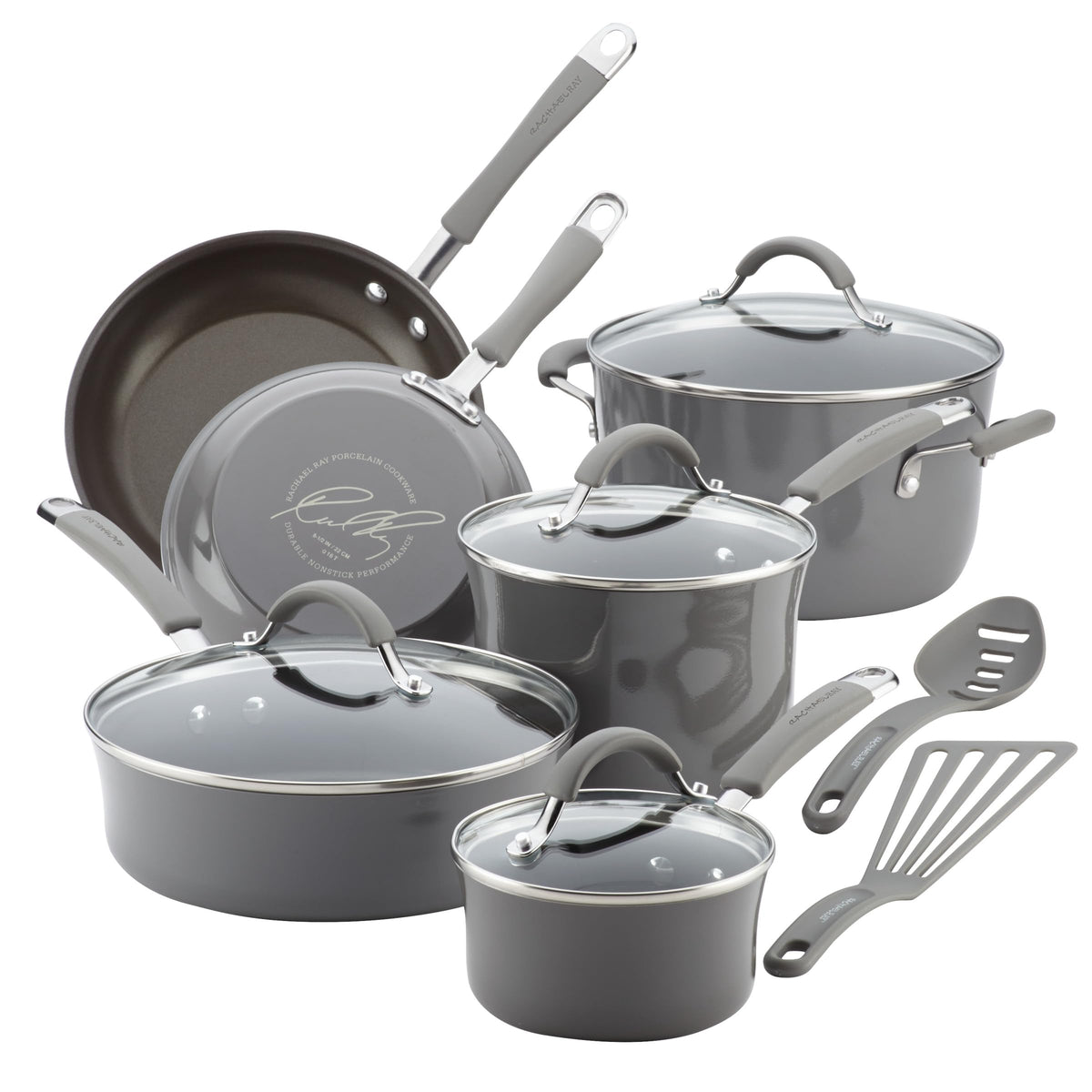 Rachael Ray Cucina – Juego de Ollas y Sartenes Antiadherentes de 12 Piezas, Gris Sal Marina