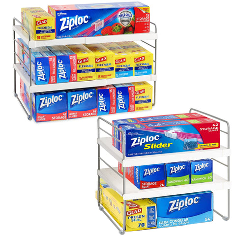 2 Pack Pantry Organization and Storage, Expandable Foil and Plastic Wrap Organizer, Adjustable Kitchen Wrap Organizer Rack for Cabinet, Foil Saran Wrap Holder Shelf for Sandwich Plastic Bags Box,