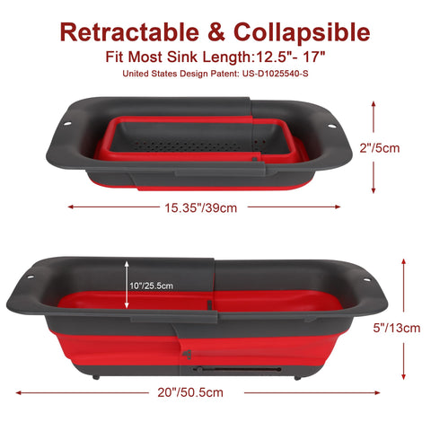 ROTTOGOON Colador Colgante Retráctil 7 Qt – Expandible para Fregadero, Silicona Apta para Alimentos, 15 a 19.9 pulgadas, Rojo