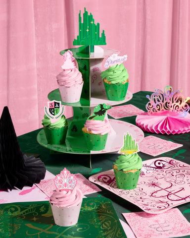 xo, Fetti Torre de Cupcakes Bruja Rosa y Verde, 3 Niveles | Decoración para Cumpleaños y Fiestas