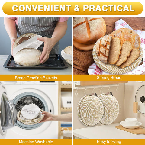 Nikkar Banneton Bread Proofing Basket Set of 2, 9 Inch & 10 Inch Round Cotton Rope Sourdough Bread Baking Supplies Proofing Bowls with Liners & Covers Gifts for Bakers Women Wife Mom