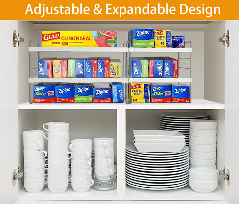 2 Pack Pantry Organization and Storage, Expandable Foil and Plastic Wrap Organizer, Adjustable Kitchen Wrap Organizer Rack for Cabinet, Foil Saran Wrap Holder Shelf for Sandwich Plastic Bags Box,